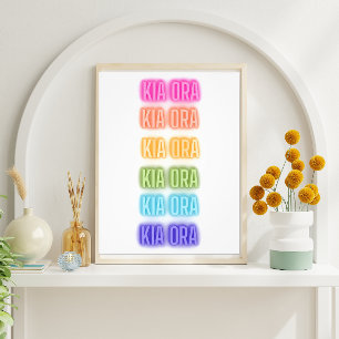 Neon Sign Style Kia Ora Repeating Rainbow Print