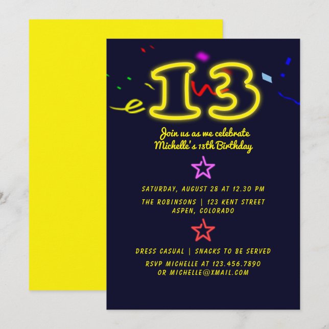 Neon Sign Thirteenth Birthday Party Invitation (Front/Back)