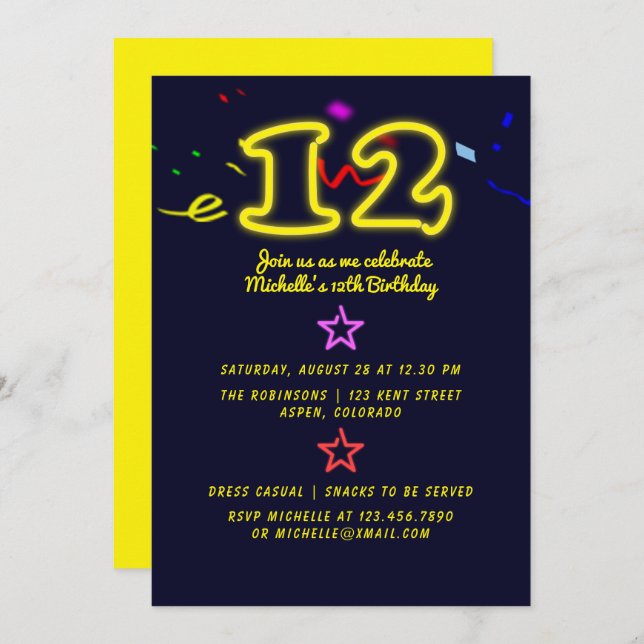 Neon Sign Twelfth Birthday Party Invitation (Front/Back)