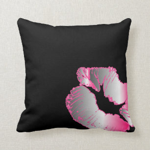 Neon Silver and Hot Pink Lipstick Kiss on Black Cushion