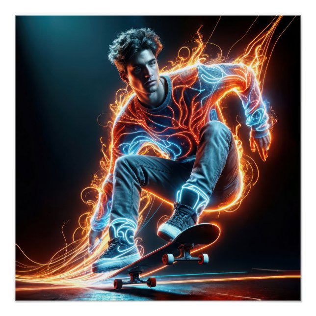 Neon Skateboarder On Black Poster (Front)