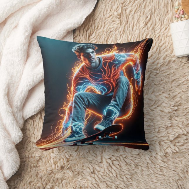 Neon Skateboarder With Fiery Light Trails Cushion (Blanket)