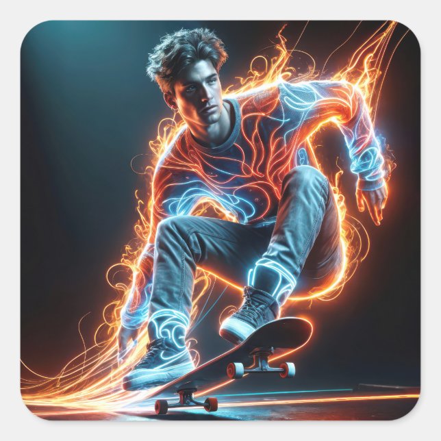 Neon Skateboarder With Fiery Light Trails Square Sticker (Front)