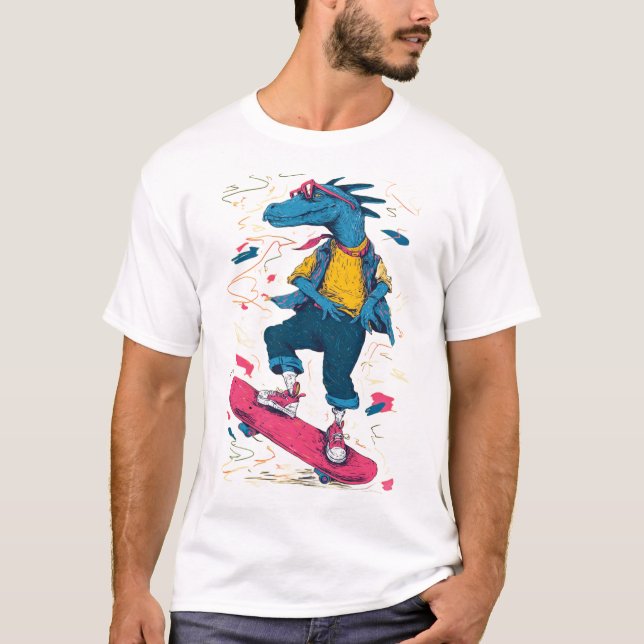Neon Skater Dino – Street Art Illustration T-Shirt (Front)