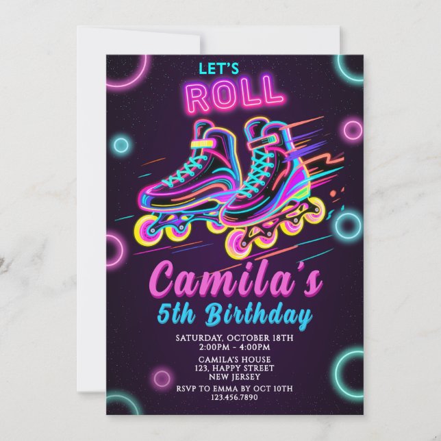 Neon Skating Birthday Invitation Neon invite Skate (Front)