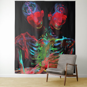 Neon Skeleton Embrace Art Fusion Tapestry