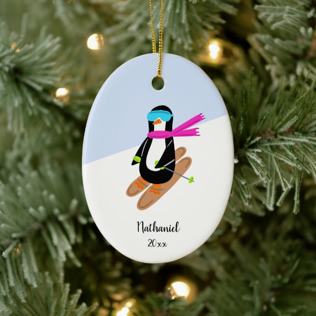 Neon Skiing Penguin Personalised Christmas Ceramic Ornament (Tree)