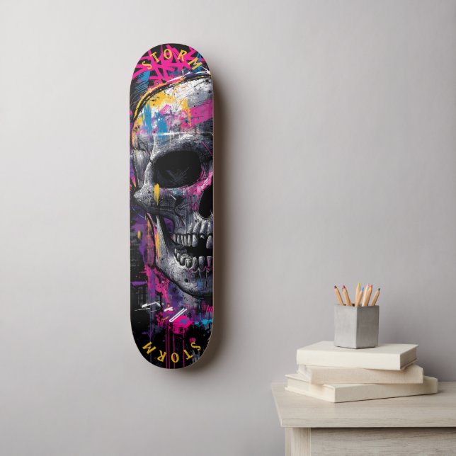 Neon Skull Graffiti Street Art – Limited Edition Skateboard (Wall Art)