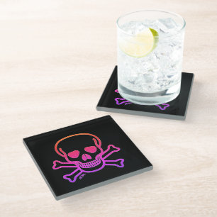 Neon Skull n Bones black glass coaster