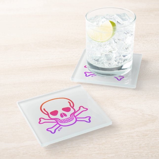 Neon Skull n Bones clear glass coaster (Angled)
