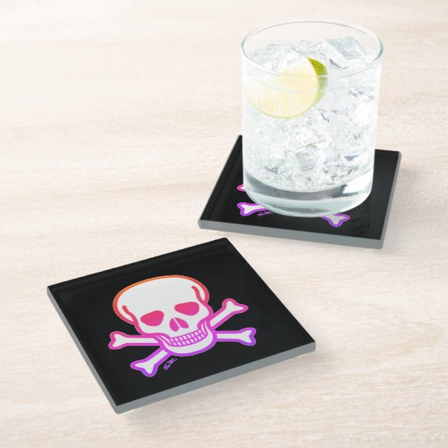 Neon Skull n Bones white black glass coaster (Angled)