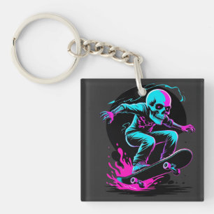 Neon Skull Skateboard Art – Edgy Skater Design Key Ring
