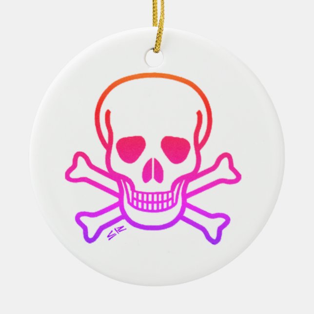 Neon Skull white round ceramic ornament (Front)
