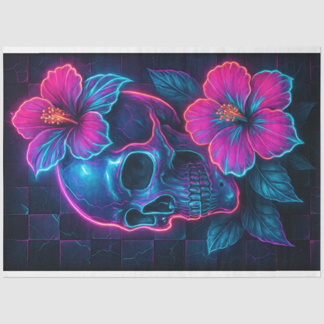 Neon Skull with Hibiscus Decoupage Paper (Front)