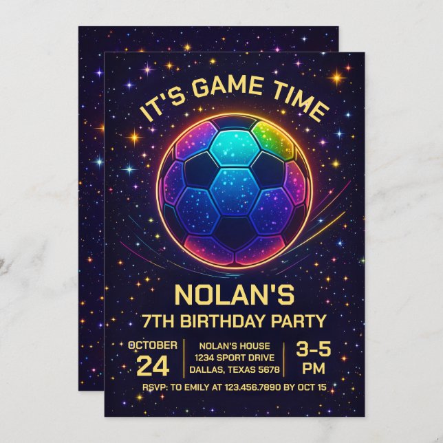 Neon Soccer Birthday Invitation (Front/Back)