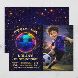 Neon Soccer Birthday Photo Invitation