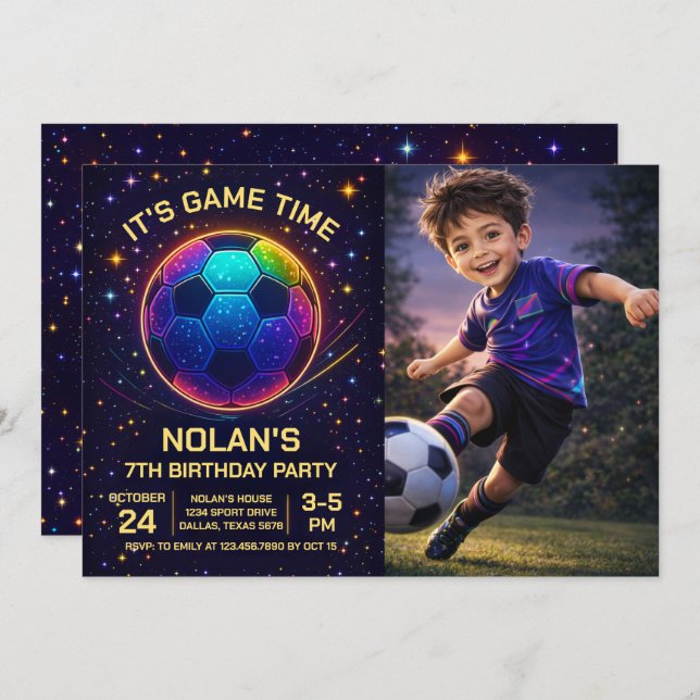 Neon Soccer Birthday Photo Invitation (Front/Back)
