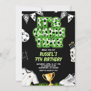 Neon Soccer Game time Birthday Invitation