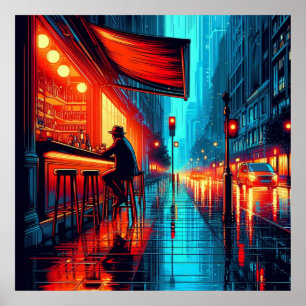 Neon Solitude: Rainy Night at the City Cafe Poster