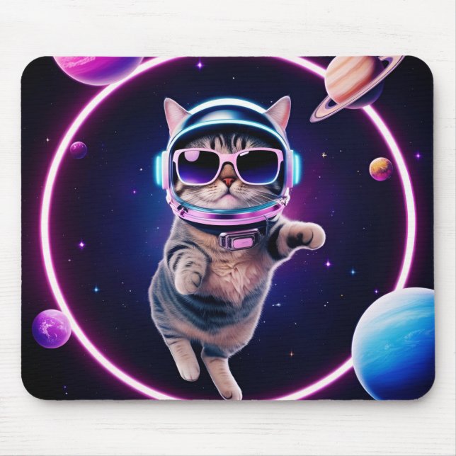 Neon Space Cat Mousepad – Cosmic Feline Glow Desk  (Front)