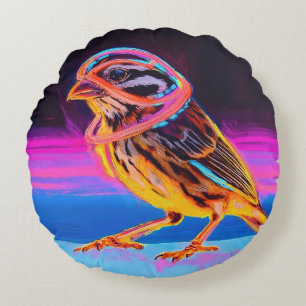 Neon Sparrow with Glowing Accents Round Cushion