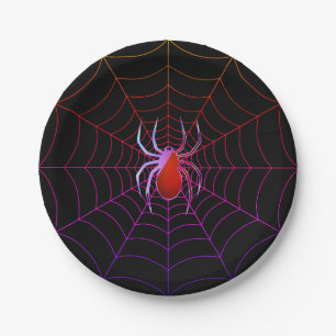 Neon spider and spiderweb paper plate