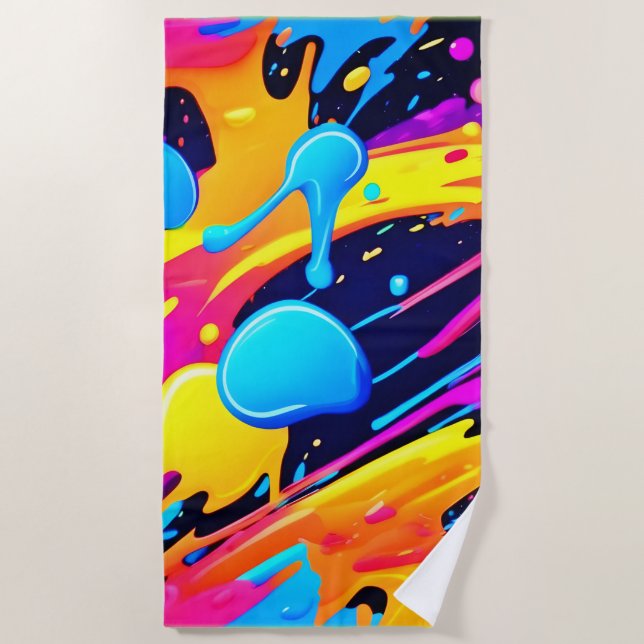 Neon Splatter Paint Art Beach Towel (Front)