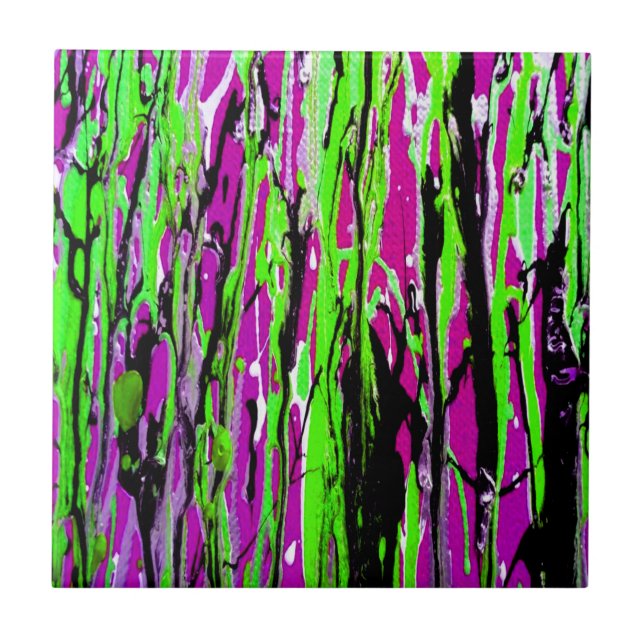 Neon Splatter Paint Purple Green and Black Ceramic Tile (Front)