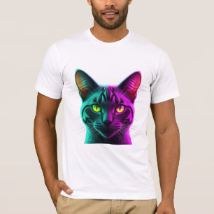Neon Split Tone Synthwave Cat Portrait T-Shirt