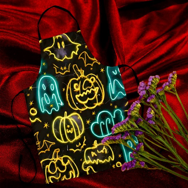 Neon Spooky Halloween Ghost Bats Pumpkins Pattern Apron (Creator Uploaded)
