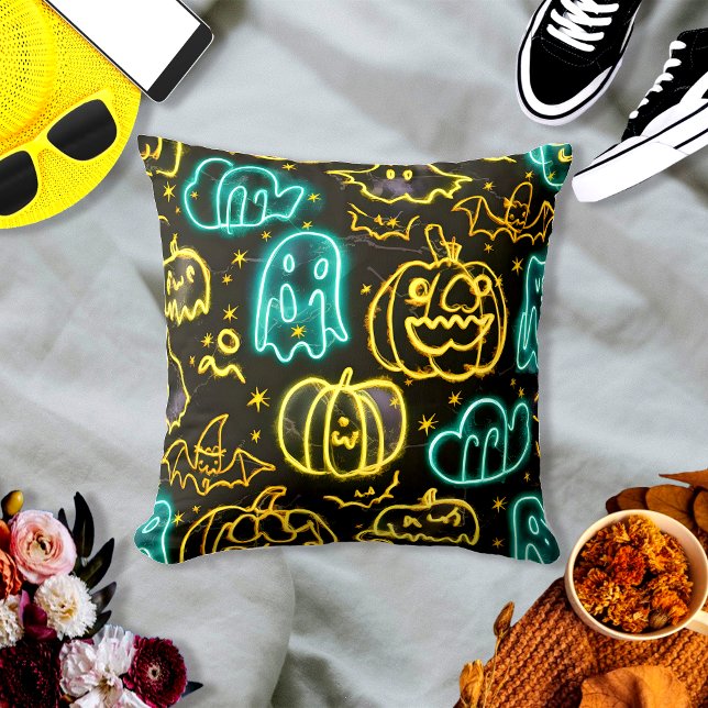 Neon Spooky Halloween Ghost Bats Pumpkins Pattern Cushion (Creator Uploaded)