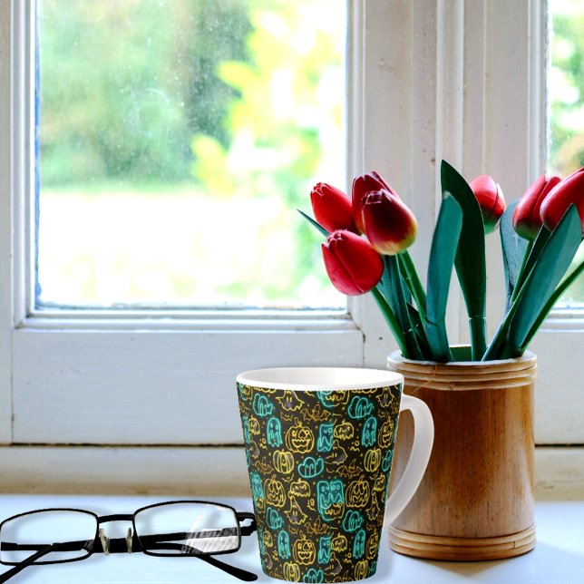 Neon Spooky Halloween Ghost Bats Pumpkins Pattern Latte Mug (Creator Uploaded)