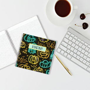 Neon Spooky Halloween Ghost Bats Pumpkins Pattern Notebook