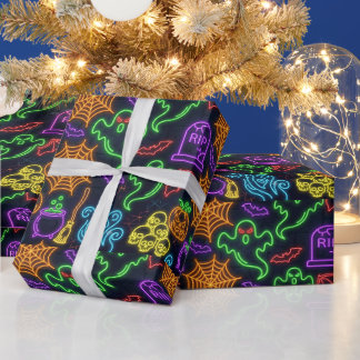 Neon Spooky Halloween Ghost Bats Tomb Skull Wrapping Paper