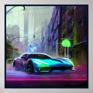 Neon Sports Car on the Road Poster
