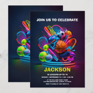 Neon Sports Theme Birthday Party Invitation