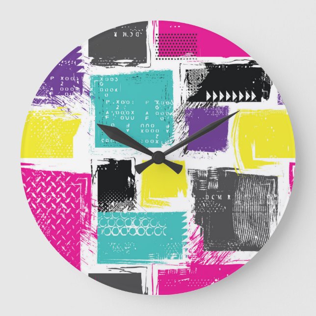 Neon Squares Retro Abstract Pattern Large Clock (Front)