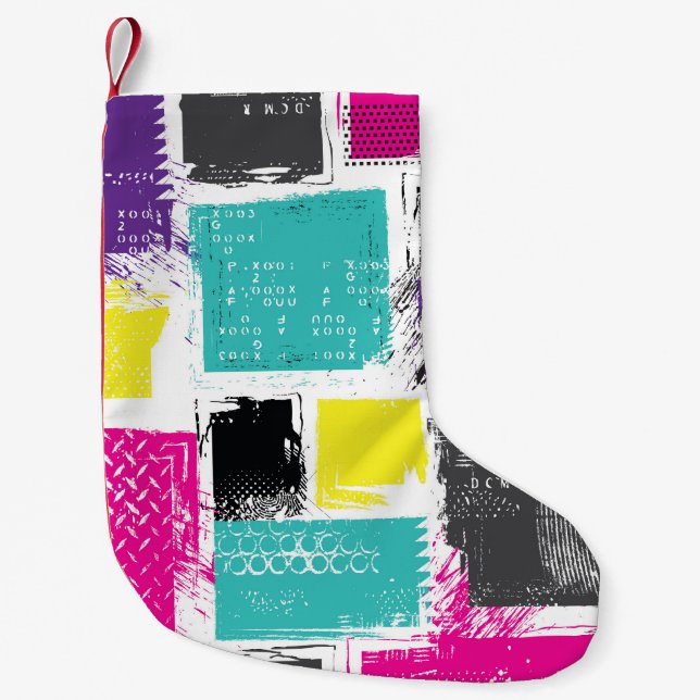 Neon Squares Retro Abstract Pattern Small Christmas Stocking (Front)