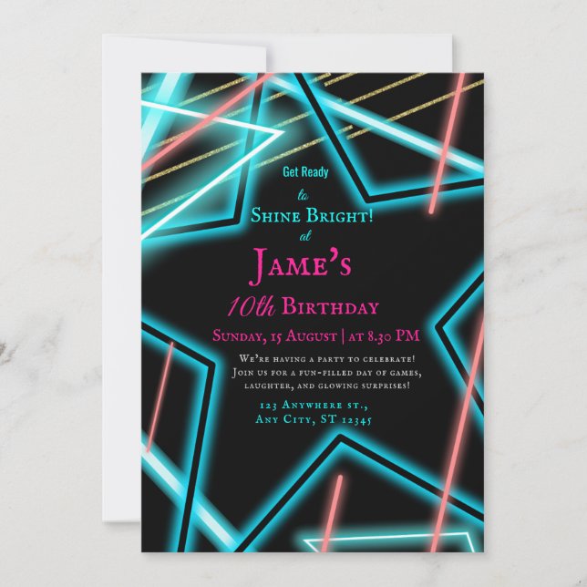 Neon star retro Euphoria style birthday invitation (Front)