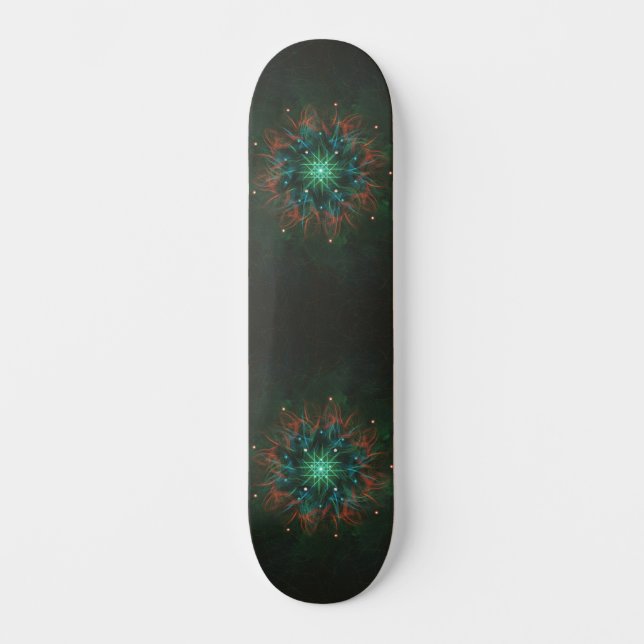 Neon Starburst Fractal – Glowing Green and Electri Skateboard (Front)