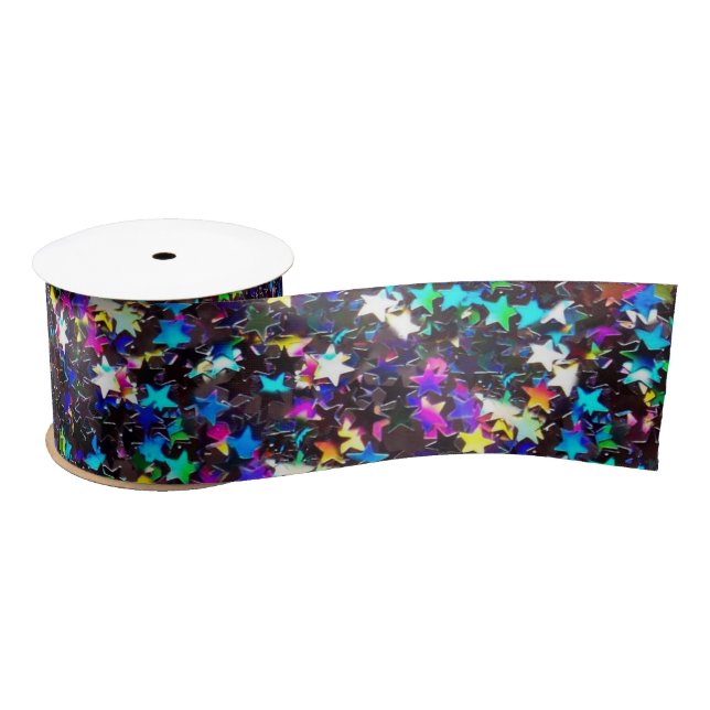 Neon Stars On Black Satin Ribbon (Spool)