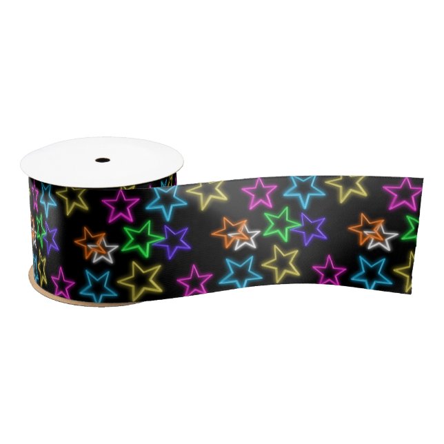 Neon Stars On Black  Satin Ribbon (Spool)