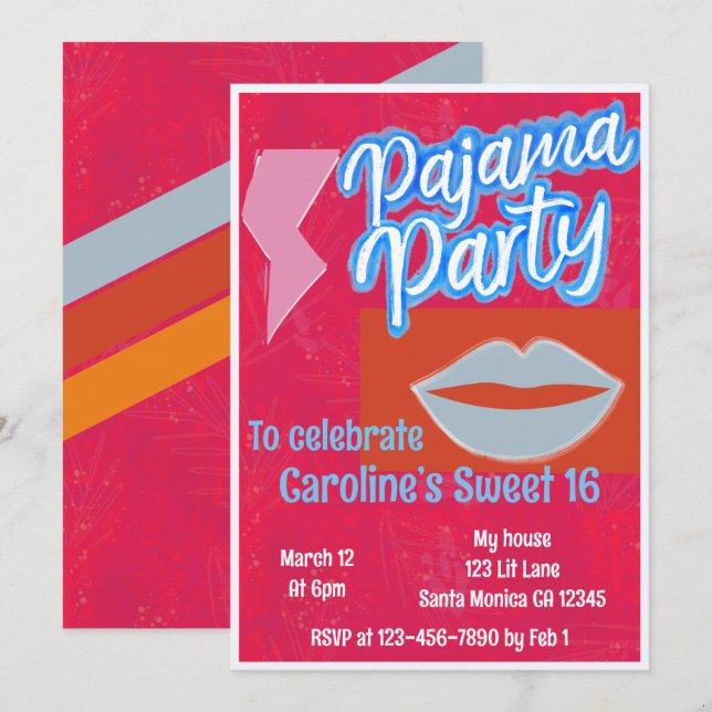 Neon Stripe Preppy Pajama Party Birthday Invitation (Front/Back)