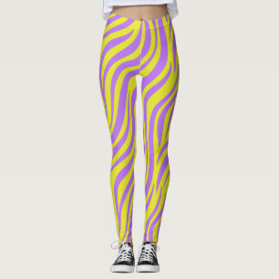 Neon Stripe Print Leggings with Wavy Lines
