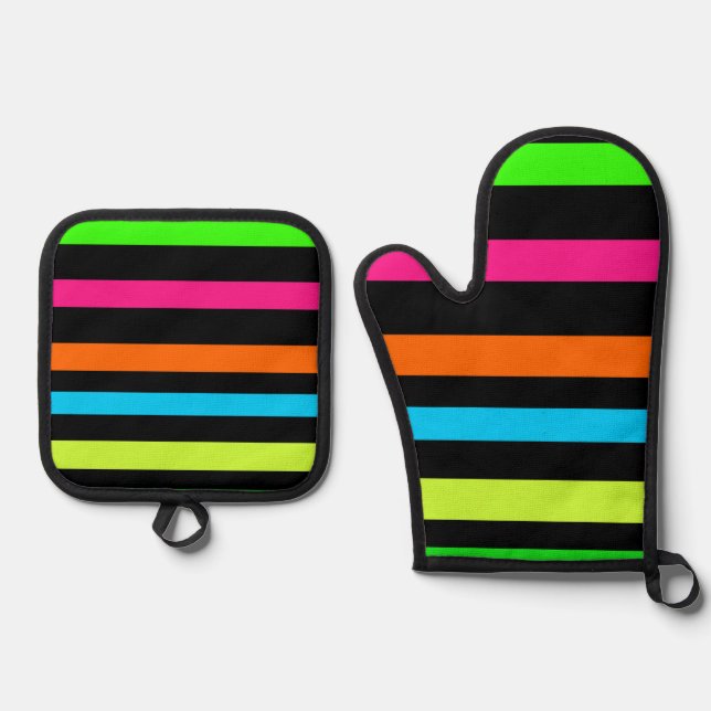 Neon stripes oven mitt & pot holder set (Front)
