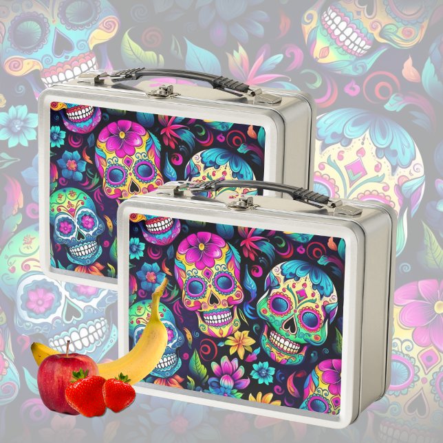 Neon Sugar Skull  Metal Lunch Box (Colorful sugar skulls in bright yellow, green, blue and green for the November holiday. )