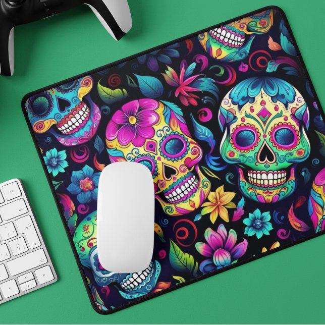 Neon Sugar Skull  Mouse Pad (Mouse pad adorned with brightly colored sugar skulls in pink, green, blue and yellow. )