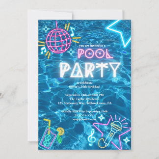neon summer Pool Party Birthday Invitation