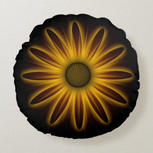 Neon Sunflower Design On Black Round Cushion
