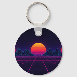 Neon Sunset Grid – Retro-Futuristic Synthwave Stic Key Ring